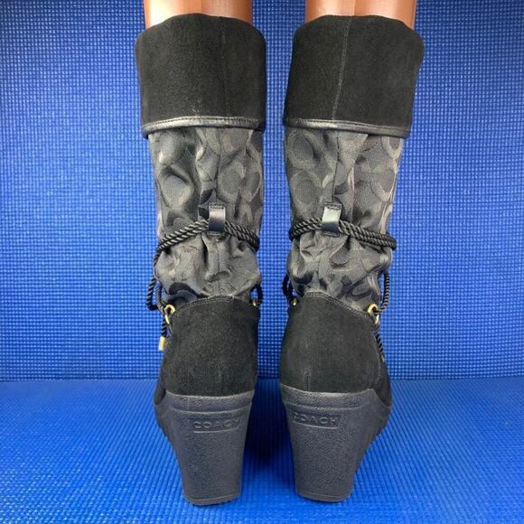 🔴 COACH MAISY Women`s Size 8.5 Black Monogram Suede Leather Wedge Boots A7292 - Picture 4 of 8